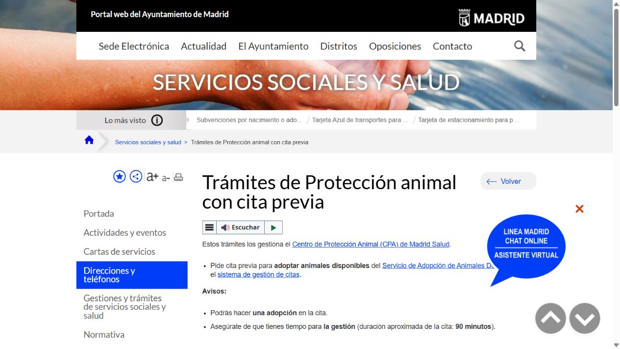 Página oficial de trámites de protección animal con cita previa del Ayuntamiento de Madrid
