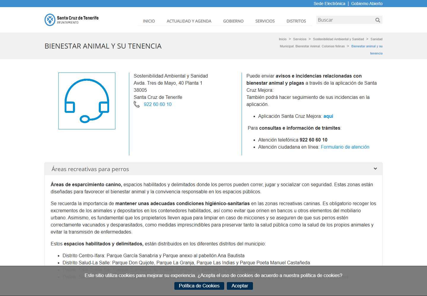 Página de bienestar animal del Ayuntamiento de Santa Cruz de Tenerife
