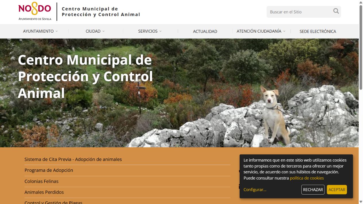 Página del Centro Municipal de Protección y Control Animal de Sevilla
