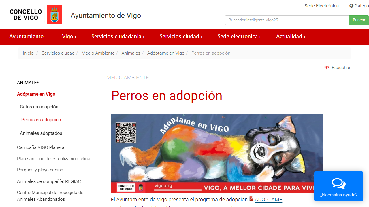Página municipal de perros en adopción del Concello de Vigo
